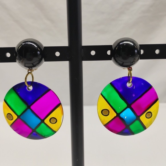 Jewelry - Vintage Stained Glass Plastic Clip On Earrings Neon Retro Boho